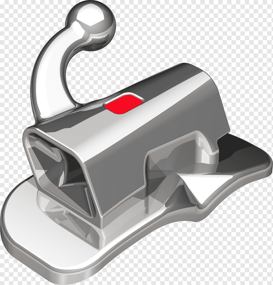 Metal orthodontic bracket with hook, used in fixed braces for controlled tooth movement and alignment